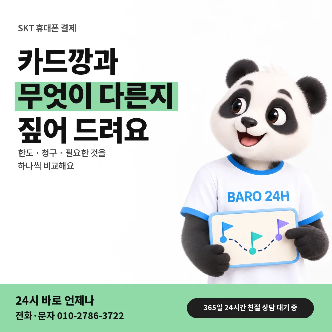 BARO 24H 티셔츠를 입은 3D 동물 캐릭터 옆에 「SKT 카드깡 오해 풀기」 제목을 얹은 안내 카드