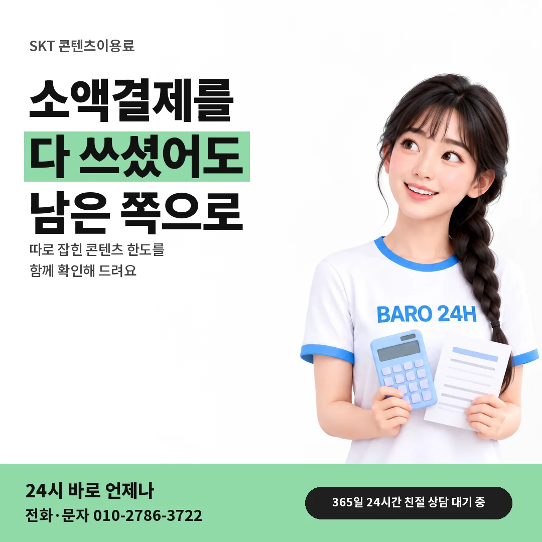 BARO 24H 티셔츠를 입은 3D 인물 옆에 「SKT 콘텐츠 한도 남았을 때」 제목을 얹은 안내 카드