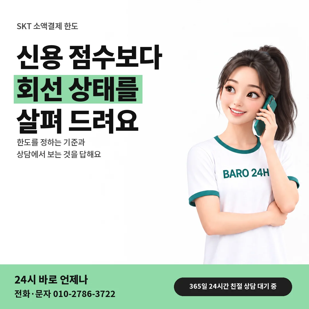 BARO 24H 티셔츠를 입은 3D 인물 옆에 「SKT 신용 점수와 한도」 제목을 얹은 안내 카드