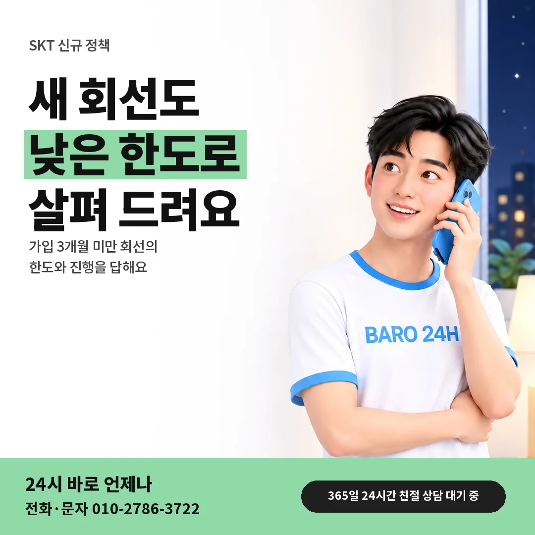 BARO 24H 티셔츠를 입은 3D 인물 옆에 「SKT 새 회선 한도 오해」 제목을 얹은 안내 카드